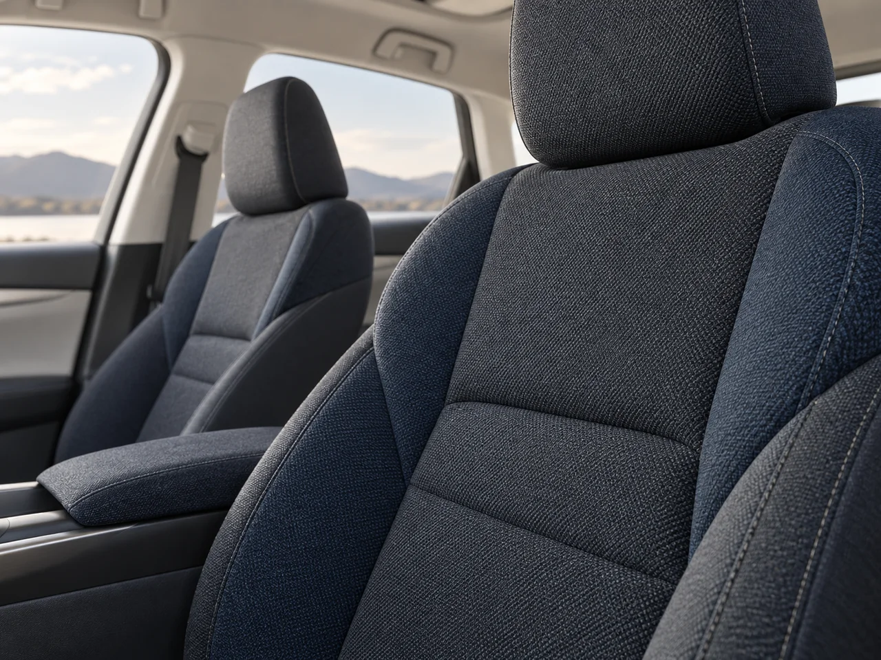 Illustrative automotive seats in woven textile upholstery