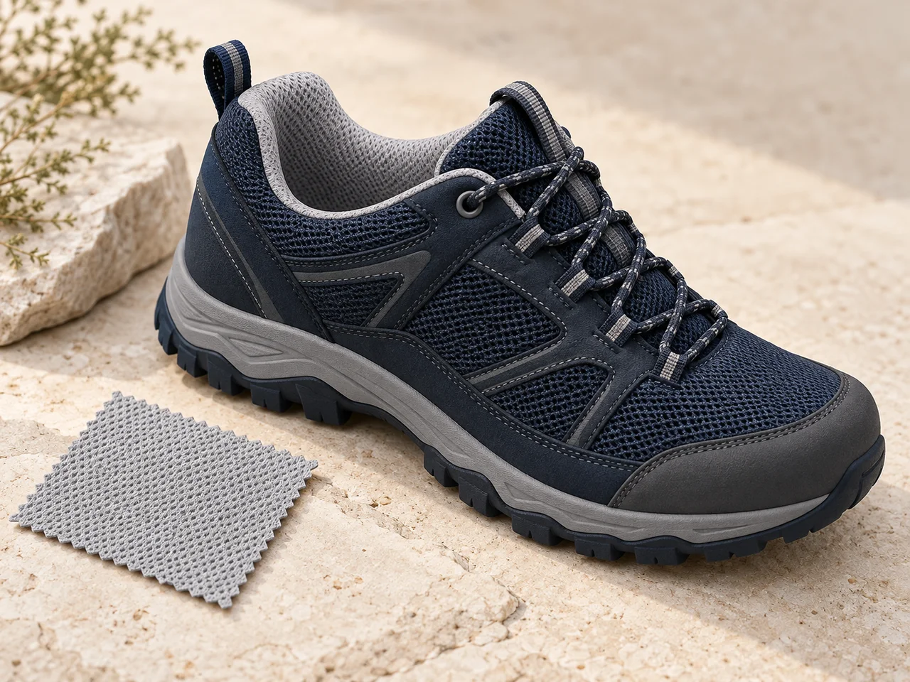 Illustrative outdoor shoe and textile lining swatch