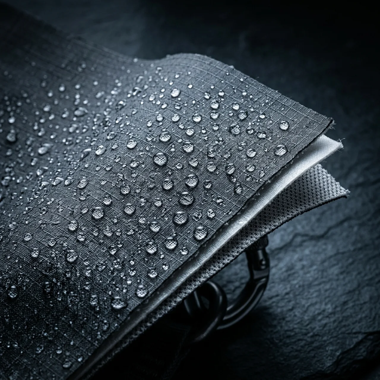Illustrative layered outdoor fabric with water droplets